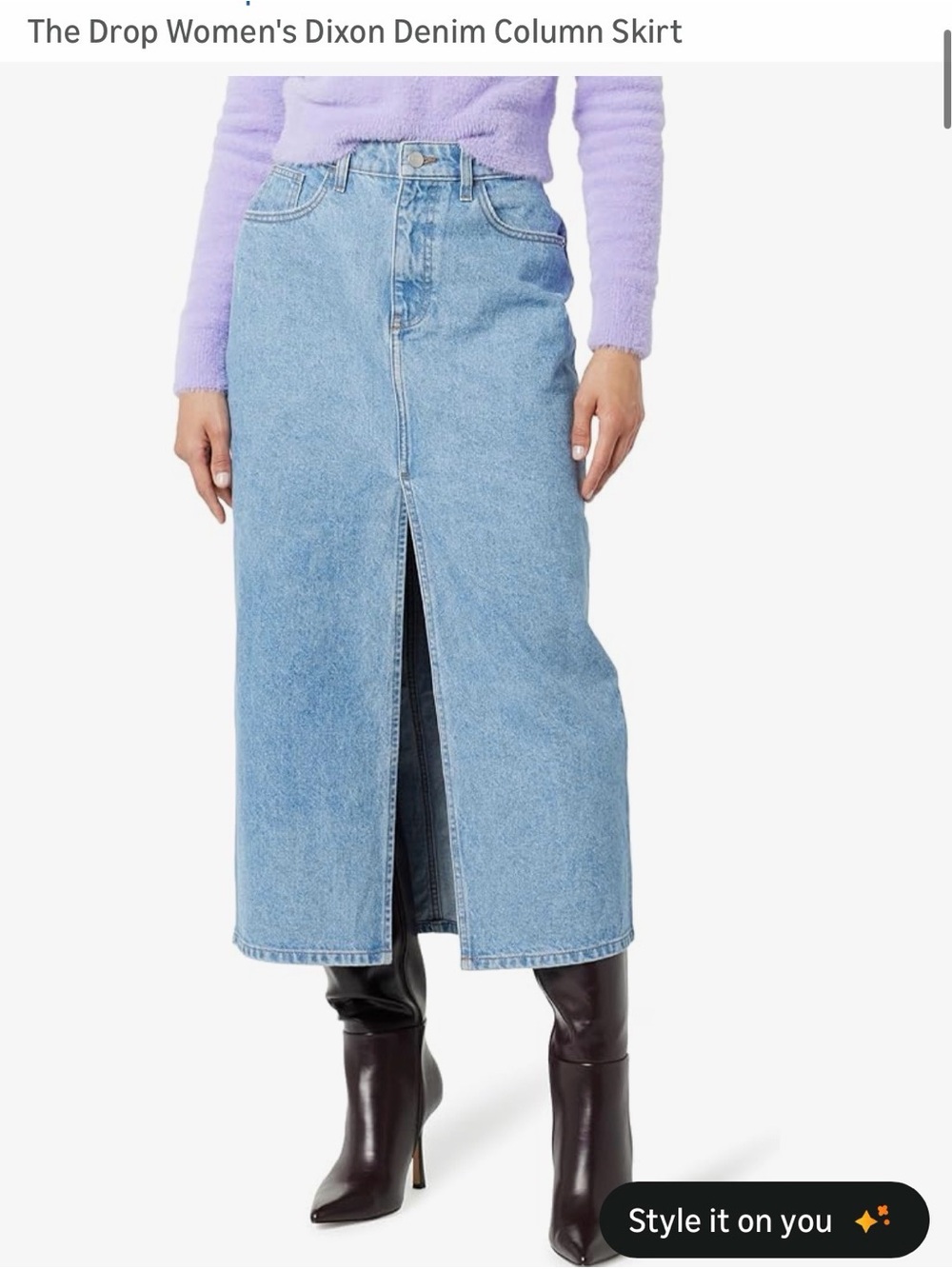 NWOT: The Drop Light Blue Denim Midi Skirt with Front Slit